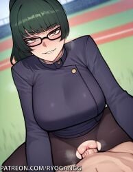 1female 1girls 2d 2d_(artwork) ai_generated big_cock brown_eyes fucking glasses green_hair jujutsu_kaisen looking_at_viewer maki_zenin on_top pantyhose patreon patreon_username pov public_sex riding riding_penis ripped_clothing ripped_pantyhose ryogangg school_uniform sex thick_thighs uniform vaginal_penetration zenin_maki