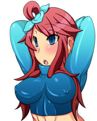 bad_id belu blush breasts cleavage empty_eyes female female_only gym_leader human mind_control nintendo nipples pokemon pokemon_bw skyla_(pokemon) solo tight_clothing