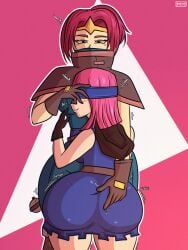 2d 2d_(artwork) 2girls ass ass_focus blindfold boss boss_and_subordinate boss_bandit_(clash_royale) clash_(series) clash_royale clothed clothed_female clothes clothing female firecracker_(clash_royale) hand_on_butt huge_ass prank taller_female taller_girl text