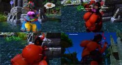 2girls 3d absorption_vore au_ra belly belly_button belly_hold big_belly big_breasts big_thighs breasts female female_only ffxiv final_fantasy_xiv gpose(ffxiv) gulping gulping_sounds gurgling_belly hands_on_belly horns laid_down lake legs matrons_elf roegadyn scales short_hair swallowing swallowing_whole swelling_belly thighs vore vore_belly vore_comic