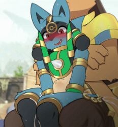 2d animated anthro blush bulge bulging_belly cum cum_inside cumshot egyptian_clothes furkendonsfw furry gay lucario palworld pokemon_unite sitting_on_lap surkendo tagme tail_wagging