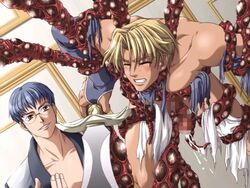 2boys blonde_hair blue_hair censored closed_eyes cum glasses male male_only mosaic_censoring multiple_boys silver_chaos tentacle tentacle_on_male tentaclejob torn_clothes yaoi yellow_eyes