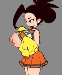 1girls areolae ass big_ass big_breasts black_eyes black_hair blush breasts cheerleader cheerleader_uniform choker embarrassed female female_focus female_only fit fit_female jellot long_hair momo_yaoyorozu my_hero_academia nipples pom_poms ponytail solo solo_female solo_focus sweat thick_thighs thighs underboob
