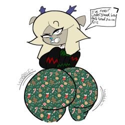 afterdarkcircus antlers blue_antlers blue_lipstick carol_holiday christmas_outfit deer deer_girl deltarune deltarune_chapter_4 eyebrow_raise forbidden_pants green_stripes kris_(deltarune) milf pearl_necklace raised_eyebrows red_stripes reindeer reindeer_girl wobbling_ass