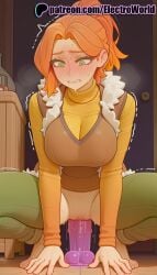 1girls 2025 ai_generated artist_name biting_lip blush breasts bust chest dildo dildo_riding electroworld english_text female green_eyes hi_res high_quality high_resolution highres legs_apart legs_spread masturbation no_panties nose_blush object_insertion open_legs orange_hair orange_shirt patreon patreon_username pussy_juice robin_(stardew_valley) sex_toy short_hair solo splayed_legs spread_legs stable_diffusion stardew_valley sweat trembling vaginal_object_insertion vibrator watermark