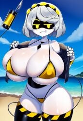 ai_generated beach bikini bikini_too_small bra_too_small female female_only huge_breasts jonnyjonn massive_breasts murder_drones removing_clothing robot robot_girl serial_designation_v sexy_pose skin_tight skindentation small_clothes smug smug_face stripping tail thick_thighs v_(murder_drones) wanting_cum