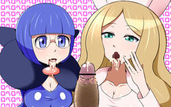 2girls blush breasts caitlin_(pokemon) censored cleavage cum elite_four female glasses human human_only looking_at_viewer male male_pov multiple_girls nintendo penis penis_awe pokemon pokemon_bw pov qlinicx shauntal_(pokemon) smegma straight