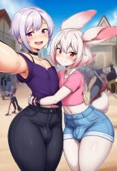 ai_generated blush bulge bulge_through_clothing crotch cute fanon_couple femboy femboy_on_femboy furry furry_on_human gay gay_couple huge_ass hugging human_on_furry jean_shorts jonnyjonn love midriff oc original_character penis_bulge pride pride_colors pride_month purple_eyes rabbit_ears rabbit_tail red_eyes romantic romantic_couple rubes_the_rabbit selfie selfie_pose thanatos_(hades) thick_thighs tight_clothing tight_pants white_hair wholesome