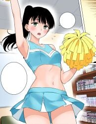 2.5_jigen_no_ririsa arm_up armpits bare_arms bare_belly bare_legs bare_shoulders bare_thighs belly_button black_hair blue_shirt blush breasts cheerleader cheerleader_uniform collarbone cosplay green_eyes hashimoto_yuu indoors manga official_art open_mouth ponytail skirt sleeveless_shirt small_breasts taki_midori thighs