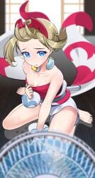 :o absurdres bare_shoulders barefoot blonde_hair blue_eyes blush breasts clothes_pull collar collarbone electric_fan feet female floating_hair full_body hairband highres hot irida_(pokemon) looking_at_viewer nintendo obi on_floor open_mouth pokemon pokemon_legends:_arceus raised_eyebrows red_hairband red_shirt sash shirt shirt_pull short_hair shorts sitting small_breasts solo strapless strapless_shirt sweat thighs tm_(hanamakisan) toes white_collar white_shorts wooden_floor wrist_cuffs
