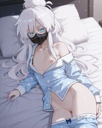 ai_generated black_mask blue_eyes blush cat_ears cat_tail colored_eyelashes deux_murasame dildo_under_mask female freckles grey_hair gundam gundam_gquuuuuux hair_bun highres long_hair mask masked mouth_mask nimona1491_(artist) petite purple_pupils pussy shoulder_blades simple_background updo white_background white_eyelashes white_hai