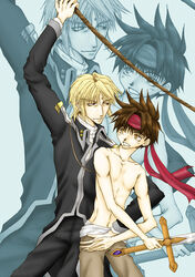 2boys bandana blonde_hair brown_hair genjyo_sanzo male multiple_boys rope saiyuki short_hair son_goku_(saiyuki) swinging sword topless weapon yaoi yellow_eyes