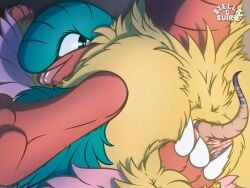 absurd_res archeops feet female foot_focus fossil_pokemon generation_5_pokemon genitals hi_res larger_female looking_back low-angle_view lying male male/female nintendo on_front pokemon pokemon_(species) pussy size_difference smaller_male spread_pussy spreading stellaamoris suiro suiro_(character) tail_outside_pussy virgo_(character)