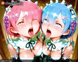 2girls ai_generated asmutcriminal blue_eyes blue_hair blush breasts cleavage detached_sleeves from_above hair_ornament hair_over_one_eye licking looking_at_viewer maid maid_headdress medium_breasts multiple_girls open_mouth pink_eyes pink_hair pink_ribbon purple_ribbon ram_(re:zero) re:zero_kara_hajimeru_isekai_seikatsu rem_(re:zero) roswaal_mansion_maid_uniform saliva short_hair siblings sisters straight symbol-shaped_pupils tagme tongue tongue_out twins x_hair_ornament