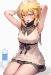 1boy 1girls absurdres arm_behind_head armpits black_bow black_skirt blonde_hair blue_eyes blush bottle bow breasts bridget commentary english_commentary eyelashes feet_out_of_frame female guilty_gear guilty_gear_strive hair_between_eyes hakusyokuto highres legs_together male miniskirt open_mouth pleated_skirt short_hair sidelocks sitting skirt sleeveless solo sweat thighs tongue trans trans_woman transfem transgender transgender_woman trap water_bottle zipper zipper_pull_tab