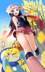 absurdres arm_behind_back beanie blue_eyes blue_hair blue_sky boots breasts curvy dawn_(pokemon) falling_leaves falling_petals female from_below hand_on_headwear hand_up hat highres knee_boots kneehighs leaf legs long_hair looking_at_viewer miniskirt nintendo open_mouth petals piplup pokemon pokemon_(creature) pokemon_dppt poketch scarf shiny_skin skirt sky small_breasts socks straight_hair thighs tm_(hanamakisan) watch wristwatch