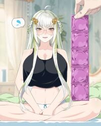 1boy 1girls bed bedroom before_sex big_breasts black_topwear blushing blushing_at_viewer blushing_female clothed condom condoms fangs female green_eyes green_eyes_female long_hair long_hair_female looking_at_viewer male panties pov seldea tagme two_tone_hair white_hair white_hair_female