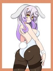 :3 animal_ears animal_tail ass backless_leotard bangs bare_shoulders black_pantyhose breasts bunny_girl bunnysuit closed_mouth female from_behind gradient_hair green_hair hair_between_eyes hair_ornament hairclip henya_the_genius leotard long_hair looking_at_viewer looking_back medium_breasts multicolored_hair pantyhose playboy_bunny purple_hair rabbit_ears rabbit_tail redpmb sideboob smile solo strapless strapless_leotard tail thighband_pantyhose virtual_youtuber vshojo white_leotard wrist_cuffs yellow_eyes