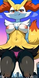 1girls ai_generated anthro big_breasts braixen breasts building cameltoe city destruction female giantess heat kneeling looking_at_viewer macro navel nipples nude pokemon pussy serbm smirk solo thong