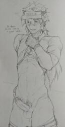 1boy abs elliot_(forsaken) elliot_(work_at_a_pizza_place) english_text erection forsaken_(roblox) lean_figure leaning_on_object lifting_shirt male pants_down roblox roblox_game robloxian solo submissive tagme text traditional_media_(artwork) tremble_lines tremble_spikes vinsatp