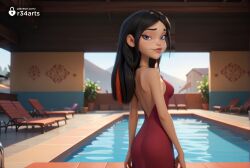 1girls ai_generated artist_name ass backless_dress backless_outfit bare_shoulders black_hair blue_eyes braceface breasts chair day dress hi_res indoors lips long_hair looking_at_viewer looking_back maria_wong multicolored_hair plant pool potted_plant r34arts red_dress sleeveless_dress small_breasts smile solo streaked_hair twitter_logo two-tone_hair water