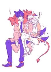 1boy 1girls alternate_costume big_breasts blush breast_curtains canon_genderswap cerberus cigarette demon_girl demon_horns demon_tail fangs female full_body garter_straps genderswap_(mtf) gintama high_heels hijikata_toshiro horns kemonomimi kondou_goriko kondou_isao long_hair male ram_horn ram_horns restricted_palette sheep_horns sitting smoking stockings succubus tears thighhighs tooru_(pixiv) wagging_tail wolf_boy wolf_ears wolf_tail