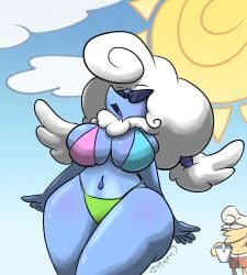 bikini bikini_bottom bikini_top blue_skin chabble cloud deltarune elnina_(deltarune) fluffy lanino_(deltarune) sun sunglasses themed_clothes white_hair yellow_skin