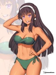 1girls 2d alternate_version_available arm_behind_head artist_name big_breasts bikini black_hair breasts brown-skinned_female brown_skin cleavage color commission confident dark-skinned_female dark_skin earrings etchimune female female_only fit fit_female full_color green_bikini green_swimsuit hairband hand_on_hip human human_only hunie_(series) huniepop kyanna_delrio latina latina_female long_hair navel non-nude open_mouth painted_nails pose posing purple_eyes smile smiling solo solo_female straight_hair swimsuit toned toned_core toned_female toned_stomach white_background