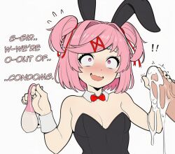 1boy 1girls after_handjob ai_generated blush bowtie condom cum doki_doki_literature_club embarrassed english_text female filled_condom handjob holding_penis male medium_breasts natsuki_(doki_doki_literature_club) penis playboy_bunny smugi text wavy_mouth wide_eyed