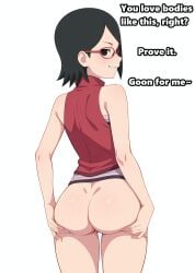 1female 1girls ai_generated ass ass_focus ass_lift ass_out bare_shoulders behind black_eyes black_hair blush boruto:_naruto_next_generations bottomless butt_lift caption exposed_ass female from_behind girl glasses goon.addct goon_caption grin joi looking_at_viewer looking_back nice_ass petite red_eyewear red_topwear short_hair smirk smug solo talking_to_viewer teasing teasing_viewer text uchiha_sarada white_background young young_female