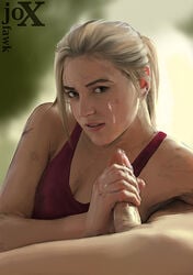 1girls blonde_hair cum cum_on_face elena_fisher eye_contact female folded_ponytail green_eyes handjob joxfawk light_skin looking_at_viewer naughty_dog oral slim straight tied_hair uncharted