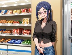1girls ai_generated asai_ami black_shirt blue_hair breasts casual casual_nudity denim drool drool_on_face drooling encoder female fingering fingering_self glasses grocery_store jeans large_breasts looking_at_another masturbation naked_female nipples public public_masturbation shop smile smiling standing_masturbation store uncensored unzipped uzaki-chan_wa_asobitai!