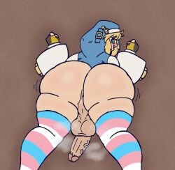 1boy ass asshole backsack balls big_ass blonde_hair blue_eyes bottomless bridget fingerless_gloves fuzzycapsule08 gay guilty_gear guilty_gear_strive huge_ass looking_back male male_focus male_only musk penis simple_background solo standing steamy_penis sweat sweaty_balls thick_thighs thighhighs trans trans_woman transfem transgender transgender_pride_colors transgender_woman veiny_penis