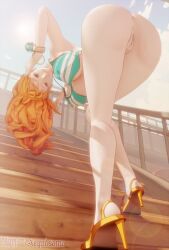1girls 2025 3d 3d_(artwork) 3d_model aequd aequdsama ass bikini bikini_top bracelet bracelets clitoris female female_only heels light-skinned_female light_skin log_pose looking_at_viewer nami_(one_piece) no_panties one_piece open_toe_shoes orange-haired_female orange_eyes orange_eyes_female orange_hair orange_hair_female pussy solo_female striped_bikini tagme viewed_from_behind viewed_from_below