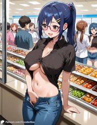 1girls ai_generated asai_ami black_shirt blue_hair breasts casual casual_nudity crowd denim drool drool_on_face drooling encoder female fingering fingering_self glasses grocery_store jeans large_breasts looking_at_another masturbation naked_female nipples public public_masturbation shop smile smiling standing_masturbation store uncensored underboob unzipped uzaki-chan_wa_asobitai!