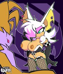 1boy 1girls anthro bat bigdad blue_eyes boots corset darnact ear_piercing exposed_breasts exposed_pussy fox functionally_nude furry goth green_eyes hair_over_one_eye imminent_sex inviting large_breasts large_ears lipstick pink_eyeshadow rouge_the_bat slimeglitch smile sonic_(series) tails