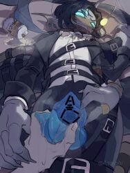 1boy 1other 2_penises 3_arms 3_eyes already_uploaded anglerfish_boy asaichi bar_censor belt black_hair black_jacket blue_eyes breath brown_scarf can censored claws cuntboy cuntboy_sans_balls diphallia diphallism drink_can empty_eyes fins frills head_fins herm hermaphrodite highres intersex jacket looking_at_viewer lying male maleherm merfolk merman multi_arm multi_eye multi_genitalia multi_limb multi_penis on_back penis penis_below_pussy pointless_censoring pov pov_hands pressure_(roblox) pussy pussy_juice pussy_tentacle repost scarf sebastian_solace sharp_teeth shirt short_hair spread_pussy tail teeth white_shirt