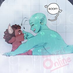 alien anthro arm_support bathing bathtub bison breasts cowgirl_position cute eazzionline female hidden_breasts lying_on_person male nude_female nude_male orginal_character original suggestive teasing