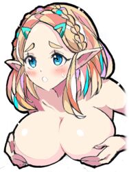 1girls blonde_hair blush breasts breath_of_the_wild bust bust_portrait busty covering covering_breasts embarrassed enpe green_eyes implied_paizuri large_breasts nervous nintendo nude princess_zelda short_hair solo tagme tears_of_the_kingdom the_legend_of_zelda topless zelda_(tears_of_the_kingdom)