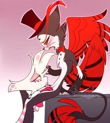 2boys angel_dust_(hazbin_hotel) animal_genitalia blowjob blush demon femboy furry hazbin_hotel husk_(hazbin_hotel) male male_only oral oral_sex spider sucking sucking_testicles umbreeunix vivienne_medrano wings yaoi