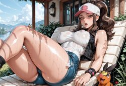 ai_generated ass backdoorsenpai baseball_cap big_ass black_vest blue_eyes blue_shorts blush breasts brown_eyes brown_hair curvy denim_shorts egao exposed_pocket female gen_5_pokemon hat heavy_breathing hilda_(pokemon) large_breasts long_hair long_sidelocks looking_at_viewer lying naughty_face naugty_eyes nintendo on_back open_mouth open_vest perky_breasts poke_ball_print pokemon portrait shiny_skin shirt shorts sidelocks sleeveless sleeveless_shirt solo sweat tepig thick_thighs thighs vest white_shirt wide_hips wristband