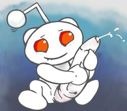 alien alien_humanoid antennae_(anatomy) anthro big_penis blush bodily_fluids cum cumshot ejaculation genital_fluids genitals huge_cock humanoid hyper hyper_genitalia hyper_penis male male/male mascot masturbation penis red_eyes reddit redditor34 short_ears sitting smile snoo solo white_body