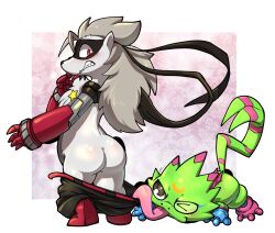 anthro ass bandai_namco blush bottomwear bottomwear_down clothed clothing cybernetics cyborg digimon digimon_(species) duo embarrassed female fur gekkomon green_body grey_body grey_fur hi_res lkiws long_tongue machine male mask mechanical_arm pants pants_down partially_clothed scalie tongue wolvermon