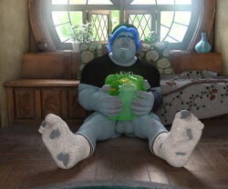 1boy 2026 3d balls barley_lightfoot big_penis blue_hair blush davpeet daz_studio disney elf erection foreskin gay green_eyes green_slime improvised_sex_toy indoors male male_only onward_(2020) penis pixar pleasure_face slime socks solo spread_legs torn_socks yaoi
