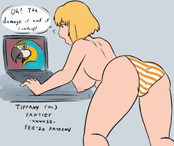 ass bent_over bent_over_table big_breasts blonde_hair bob_cut breasts hanging_breasts laptop nipples orange_striped_panties panties parrot patreon speech_bubble striped_panties thick_thighs xxxx52 yellow_eyes