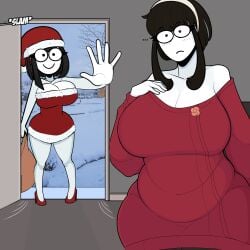 1:1 2girls alternate_version_available big_breasts black_hair breasts busty clothing cosplay daughter female female_only goth goth_girl hat hi_res highres huge_breasts indoors large_breasts milf mother mother_and_daughter multiple_females multiple_girls original red_eyes saltynoodles santa_hat slightly_chubby slightly_chubby_female smile solo spy_x_family text thick_thighs thunder_thighs veronica's_mother_(saltynoodles) veronica_(saltynoodles) wide_hips wig yor_briar_(cosplay) yor_forger_(cosplay)