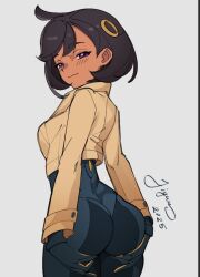 2025 ass black_hair blush bodysuit bodysuit_under_clothes curvy dark-skinned_female dark_skin dated emma_(pokemon) female from_behind game_freak gloves huge_ass jacket jhaysie.art looking_at_viewer looking_back matiere_(pokemon) matiere_(pokemon_legends:_z-a) nintendo pokemon pokemon_legends:_z-a purple_eyes short_hair solo wide_hips