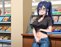 1girls ai_generated asai_ami black_shirt blue_hair breasts button_gap casual casual_nudity denim drool drool_on_face drooling encoder female fingering fingering_self glasses grocery_store hand_under_clothes jeans large_breasts looking_at_another masturbation naked_female nipples open_fly public public_masturbation shop smile smiling standing_masturbation store uncensored unzipped uzaki-chan_wa_asobitai!