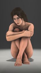 3d brown_hair covering covering_breasts covering_crotch crossed_arms crossed_legs feet highres knees_on_chest lara_croft lara_croft_(survivor) naked nude ponytail posing sitting source_filmmaker tomb_raider waywardsfm