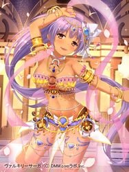 1girls belly belly_chain belly_dancer belly_dancer_outfit character_request cleavage dai_seisen!_valkyrie_saga dancer dancer_outfit dancing dmm female femsub harem_girl harem_outfit hazel_eyes jewelry large_breasts lots_of_jewelry purple_hair submissive_female suzuame_yatsumi tanned very_long_hair